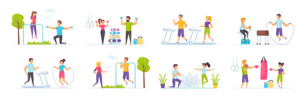 ilustraciones, imágenes clip art, dibujos animados e iconos de stock de entrenamiento de fitness con personajes de personas en varias escenas. - healthy lifestyle men boxing dumbbell