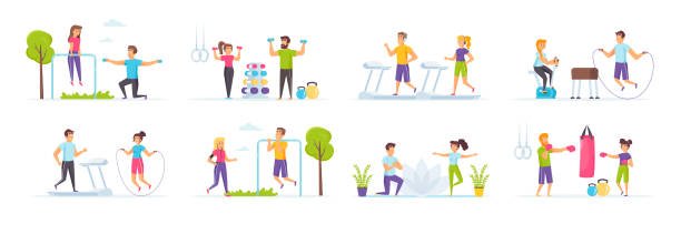ilustrações de stock, clip art, desenhos animados e ícones de fitness workout set with people characters in various scenes. - athlete muscular build yoga female