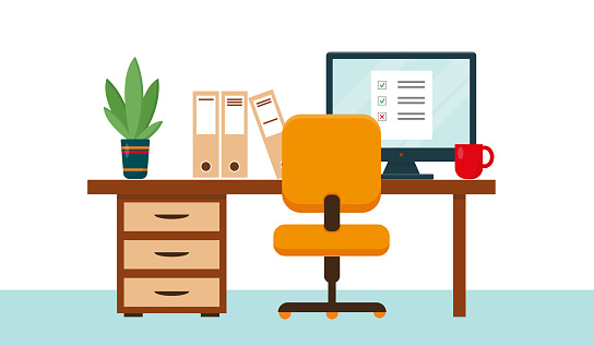 Workplace with desk and computer. Home office, freelance or online working concept. Vector illustration.