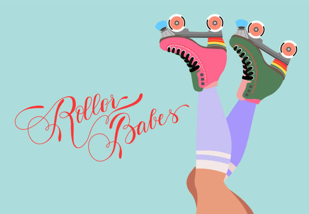 Roller skates old school poster. Hand drawn vector pink 60s four wheel roller blades on green. Isolated illustration. Trendy design for banner, greeting card, invitation. Roller skates and legs. Girls wearing roller skates. Hand-drawn trendy illustration of legs and rollerblades. Flowers in socks. Female legs. Pastel color web banner design. Modern poster. skater feet stock illustrations