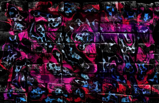 Colorful surreal world. Virtual graffiti. Abstract image, drawn on a photo of a brick wall. stock photo