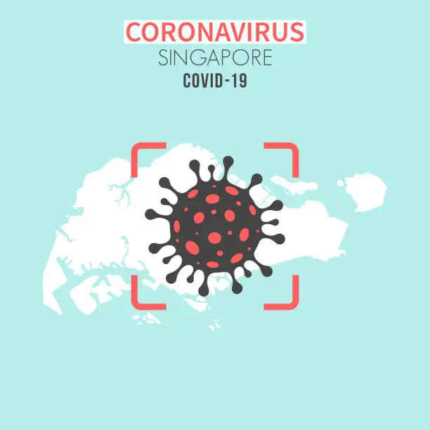 Vector illustration of Singapore map with a coronavirus cell (COVID-19) in red viewfinder