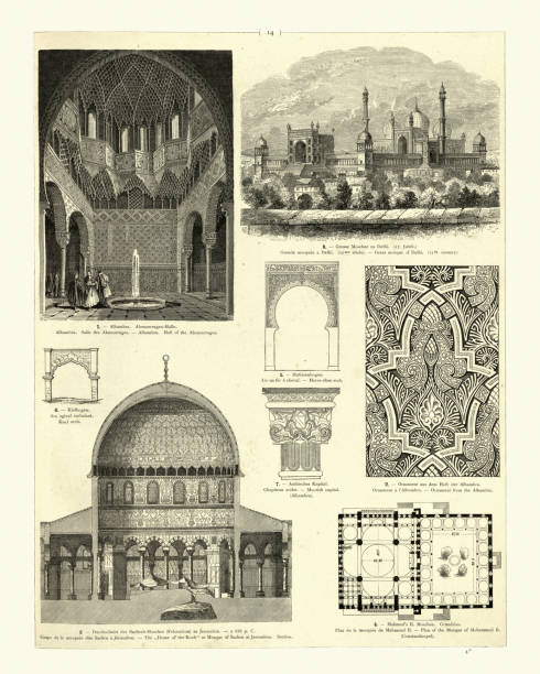 islamische architektur, alhambra, große moschee delhi, felsendom - dome of the rock illustrations stock-grafiken, -clipart, -cartoons und -symbole