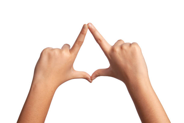 istock Close-up - a woman is pointing the hand and triangular finger on white background 1213333616