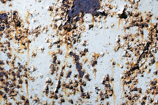 Rusty metal wall with cracked white paint.