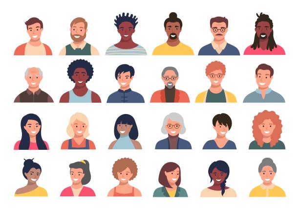ilustrações de stock, clip art, desenhos animados e ícones de set of persons, avatars, people heads of different ethnicity and age in flat style. multi nationality social networks people faces collection. - faces