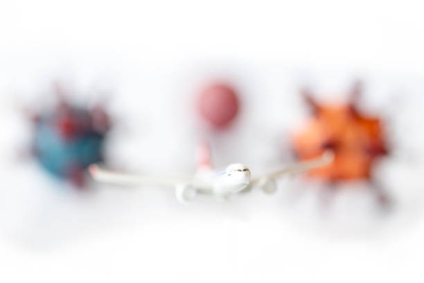Concept of fly danger. Plane and models of covid-19 virus on white background