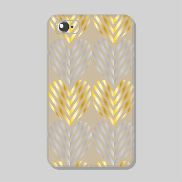 istock Luxury mobile phone protective case with romantic pattern - hearts of fashionable silhouette in gold and silver shiny colors on gold background. Vector illustration in gradient. 1213345839