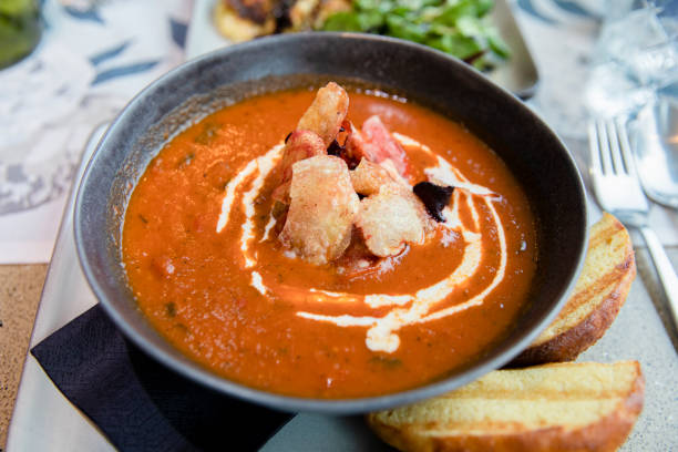 istock vegetarian vegan tomato soup with bread 1213346977