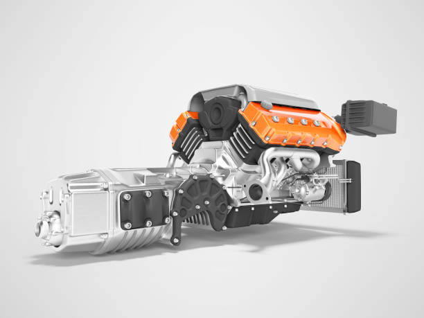 istock Engine for car assembly with gearbox rear view 3D render on gray background with shadow 1213347090