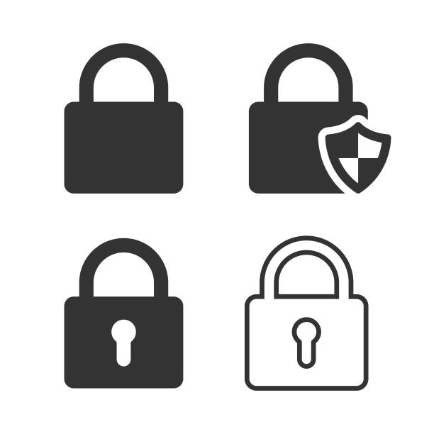 sperren und schild icon vektor-design auf weißem hintergrund. - lock stock-grafiken, -clipart, -cartoons und -symbole