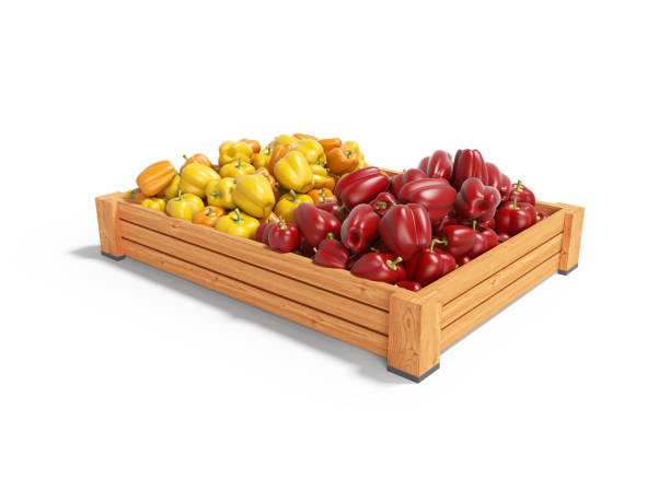 istock Yellow and red fresh peppers on wooden pallet left view 3d render on white background with shadow 1213349285