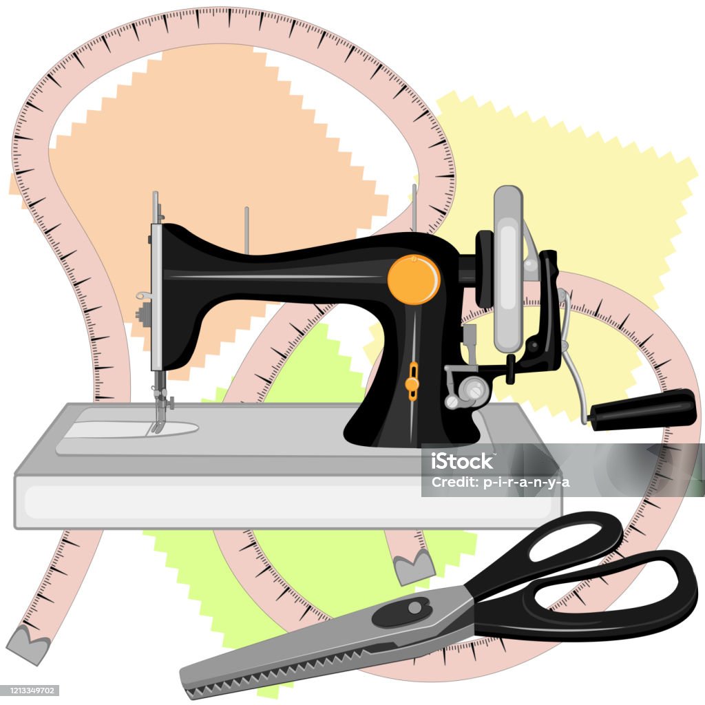 A Black Old Sewing Machine A Tailor S Centimeter And Tailors Large Scissors  For Sewing With Zigzag Blades And Black Handles Lie On Three Multicolored  Shreds Stock Illustration - Download Image Now -