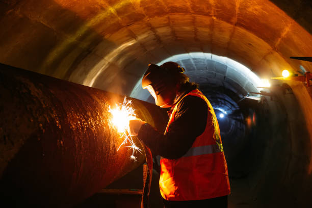 trabalhador em tubo de soldagem de máscara protetora em túnel - gas fitter flash - fotografias e filmes do acervo