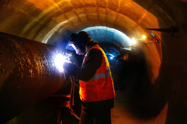 istock Worker in protective mask welding pipe in tunnel 1213351630