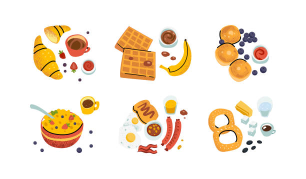 здоровый завтрак. завтраки разных регионов и стран еды и напитков. - bread waffle bacon toast stock illustrations