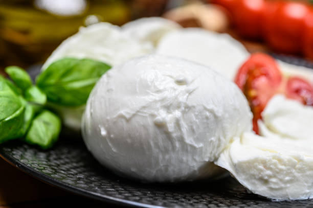 istock Cheese collection, white italian mozzarella cheese balls for salad or for appetizer snacks from deli shop in New York, USA 1213351762