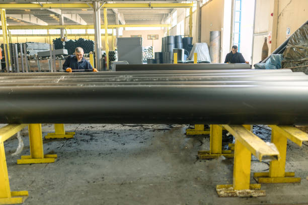 Steel workers working on the big pipes in factory