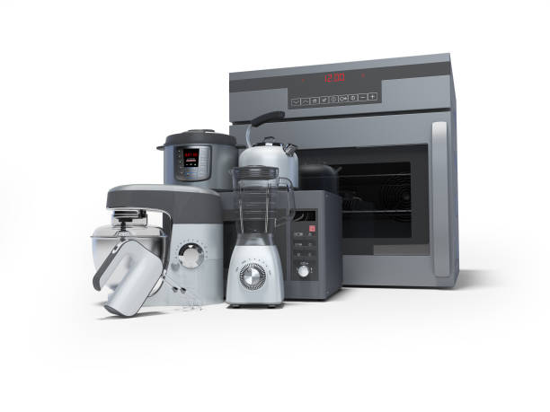 istock Kitchen electrical appliances built into group of electric oven blender electric kettle microwave 3d rendering on white background with shadow 1213360483