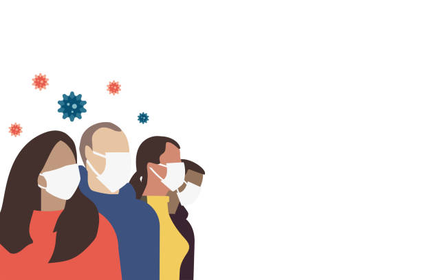 ilustraciones, imágenes clip art, dibujos animados e iconos de stock de un grupo de personas con máscaras respiratorias protectoras. células de un virus volando en el aire. - máscara protectora