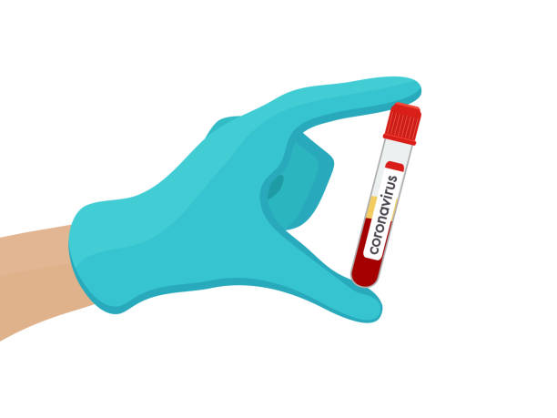 A doctor / scientist virologist holds a test tube with a sample of infected human blood with a coronavirus. vector art illustration