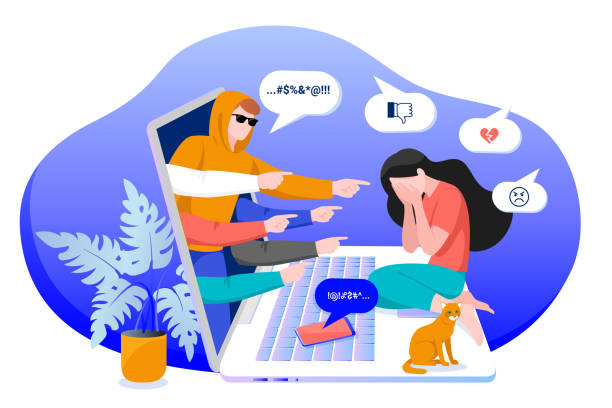 bắt nạt trên mạng trong các mạng xã hội và khái niệm lạm dụng trực tuyến. vector phẳng phim hoạt hình minh họa của nhân vật cô gái buồn bã - bắt nạt trên mạng hình minh họa sẵn có