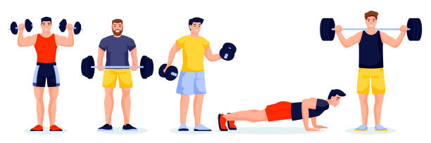 ilustraciones, imágenes clip art, dibujos animados e iconos de stock de atletas masculinos en diferentes poses sobre fondo blanco. personajes de gimnasio con campanas y mancuernas. ilustración vectorial - entrenador personal