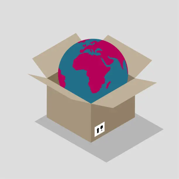 Vector illustration of The earth is in a carton. The carton is brown. The earth is blue and red.