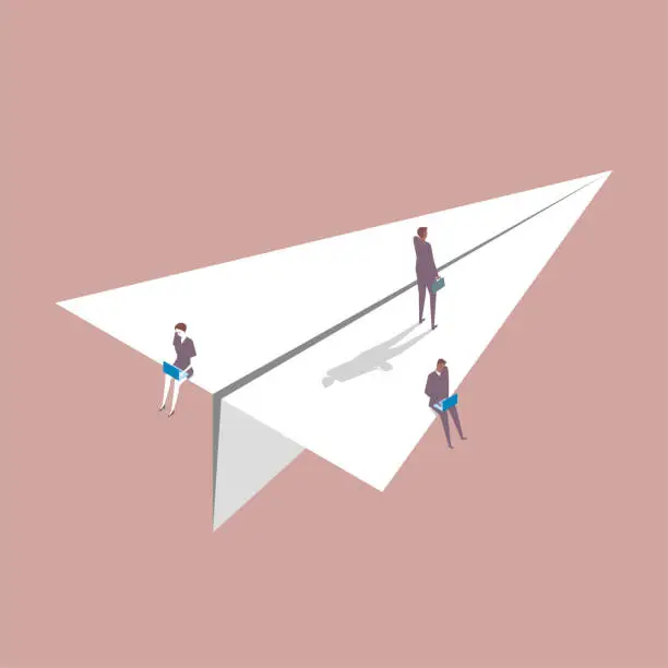 Vector illustration of Three businessmen on a paper plane. A woman and a man sit on the edge working using laptops, a man stands on an airplane.