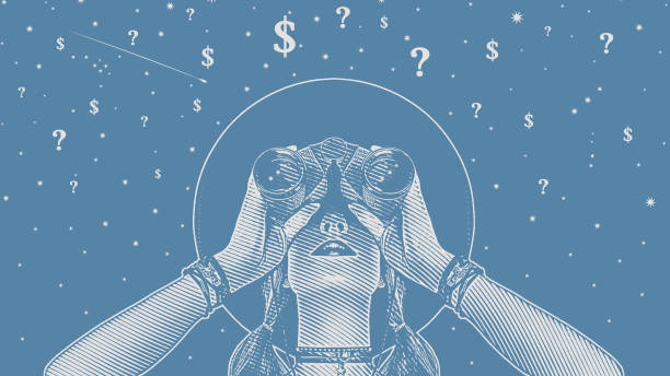 Woman with binoculars looking for solutions to financial uncertainty Woman with binoculars worried about financial uncertainty binoculars point of view stock illustrations