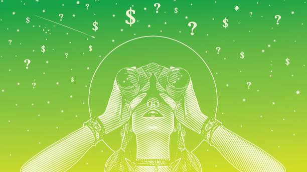 ilustrações, clipart, desenhos animados e ícones de mulher com binóculos em busca de soluções para a incerteza financeira - last opportunity emotional stress green