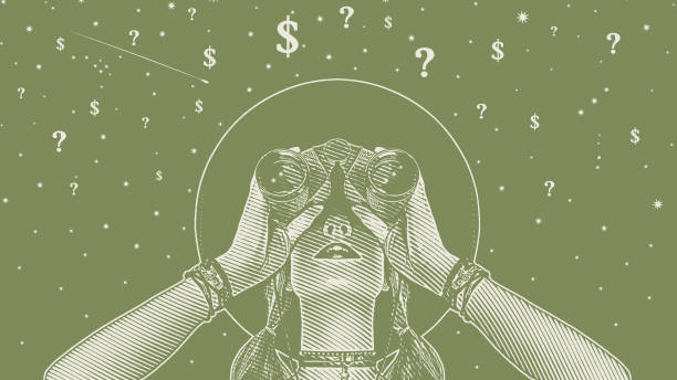 ilustrações, clipart, desenhos animados e ícones de mulher com binóculos em busca de soluções para a incerteza financeira - last opportunity emotional stress green