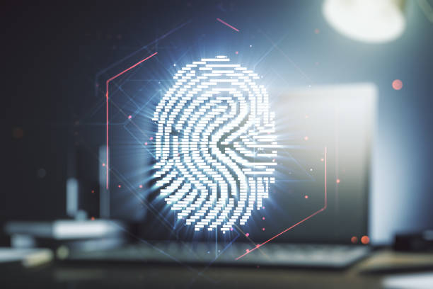 istock Multi exposure of creative fingerprint hologram on laptop background, personal biometric data concept 1213377994