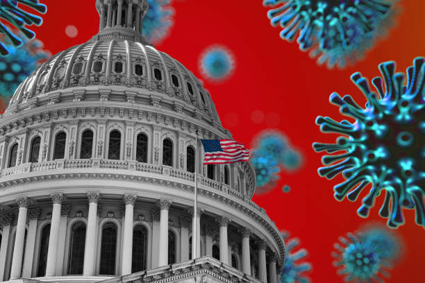 US Flag Capitol State Building Covid19 2020 Pandemic United States Flag Capitol State Building during Covid19 2020 novel coronavirus Pandemic, 3d virus medical model, Washington DC, USA presidential election photos stock pictures, royalty-free photos & images