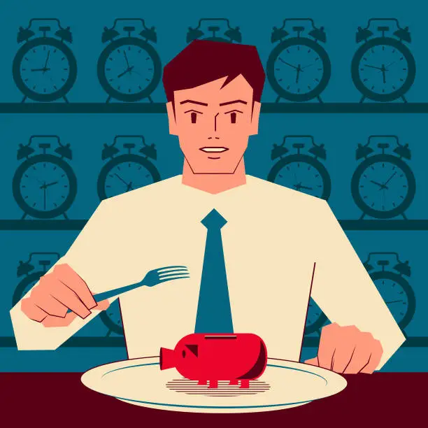 Vector illustration of Handsome businessman is ready to use the fork to eat a small piggy bank on the plate