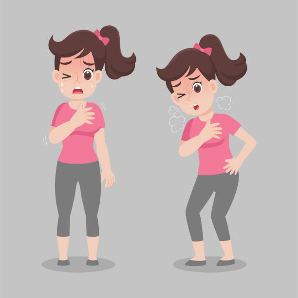 illustrazioni stock, clip art, cartoni animati e icone di tendenza di la donna ha breathlessness - poi