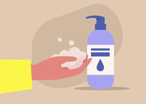 ilustrações de stock, clip art, desenhos animados e ícones de washing hands, coronavirus spreading prevention, daily hygiene - liquid soap moisturizer bottle hygiene