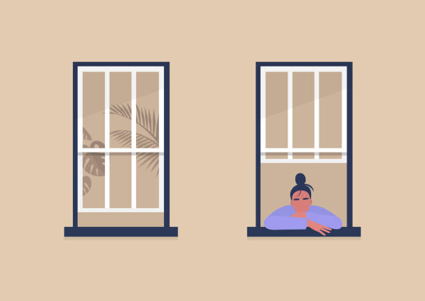 ilustraciones, imágenes clip art, dibujos animados e iconos de stock de personaje joven femenino mirando por la ventana, autoaislamiento y aburrimiento, cuarentena - solitude