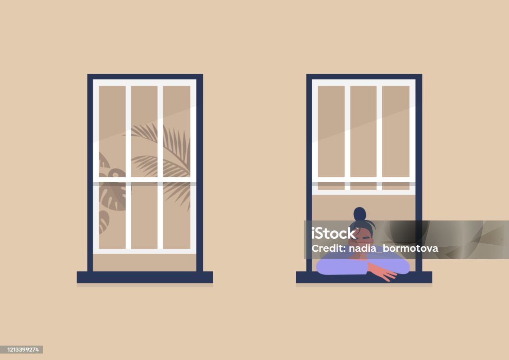 Young female character looking out the window, self-isolation and boredom, quarantine Window stock vector