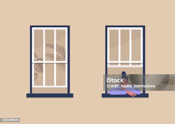 Young Female Character Looking Out The Window Selfisolation And Boredom Quarantine Stock Illustration - Download Image Now