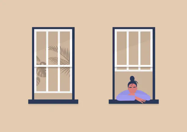 Vector illustration of Young female character looking out the window, self-isolation and boredom, quarantine