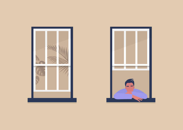 Young male character looking out the window, self-isolation and boredom, quarantine Young male character looking out the window, self-isolation and boredom, quarantine stranded stock illustrations