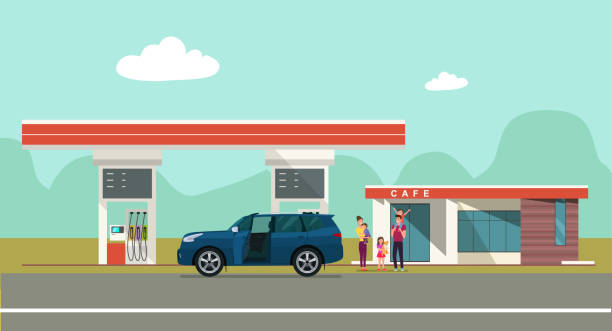 stacja benzynowa na tle krajobrazu wiejskiego i samochód z rodziną. wektor płaska ilustracja stylu. - roadside stock illustrations