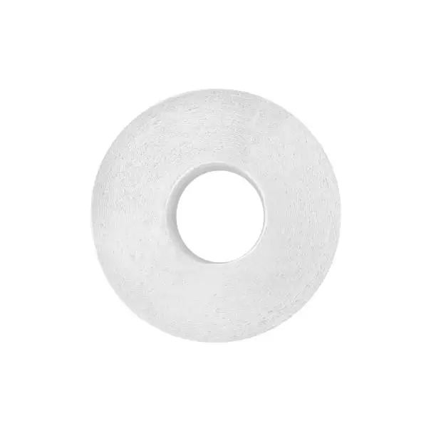 White toilet paper on white background isolated close up, one circle soft bog roll top view, paper tissues, design element, hygiene accessory, studio shot