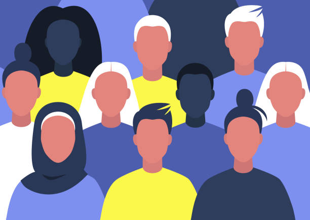 ilustrações de stock, clip art, desenhos animados e ícones de group of young characters gathering together, diversity, professional network, modern community - individuality standing out from the crowd contrasts competition