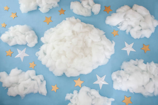 Cloudscape and Stars Background Twinkle twinkle little stars background with fluffy clouds backdrop. Newborn digital background. cotton cloud stock pictures, royalty-free photos & images