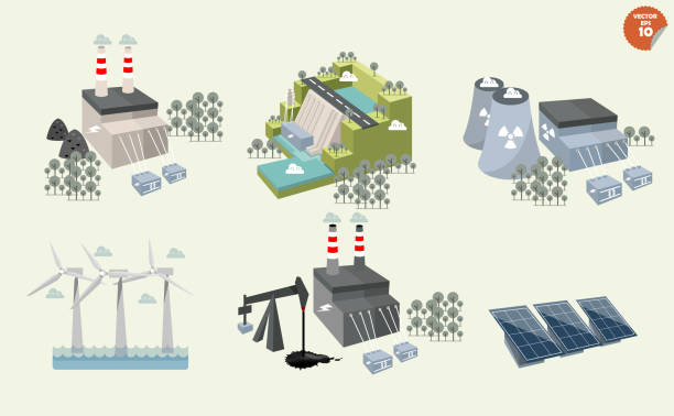 set of different power plant graphics design of different power plant renewable and nonrenewable energy sources: solar wind waterhydro powerpetroleum coal geothermal gas nuclear and biofuel. set of different power plant graphics design of different power plant renewable and nonrenewable energy sources: solar wind waterhydro powerpetroleum coal geothermal gas nuclear and biofuel. nonrenewable resources stock illustrations