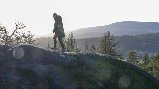 istock Female hiker walks along mountain ridge 1213403043