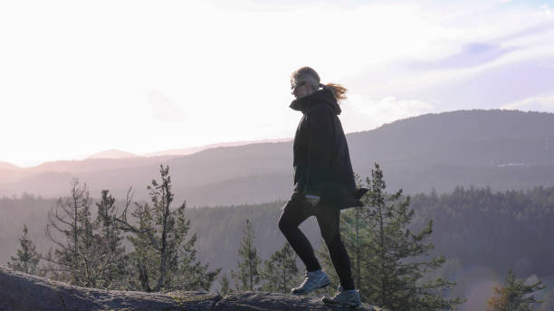 istock Female hiker walks along mountain ridge 1213403059