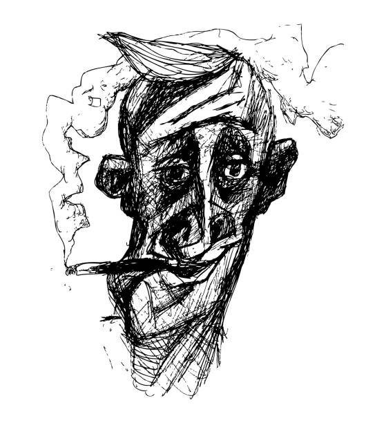 タバコを吸った男の肖像。黒と白の手のグラフィック、tシャツに、視覚的なイメージを作成します。ソーシャルネットワークで使用することができます, 記事, 出版物, カード, 印刷物, ポス� - hand on chin illustrations点のイラスト素材／クリップアート素材／マンガ素材／アイコン素材